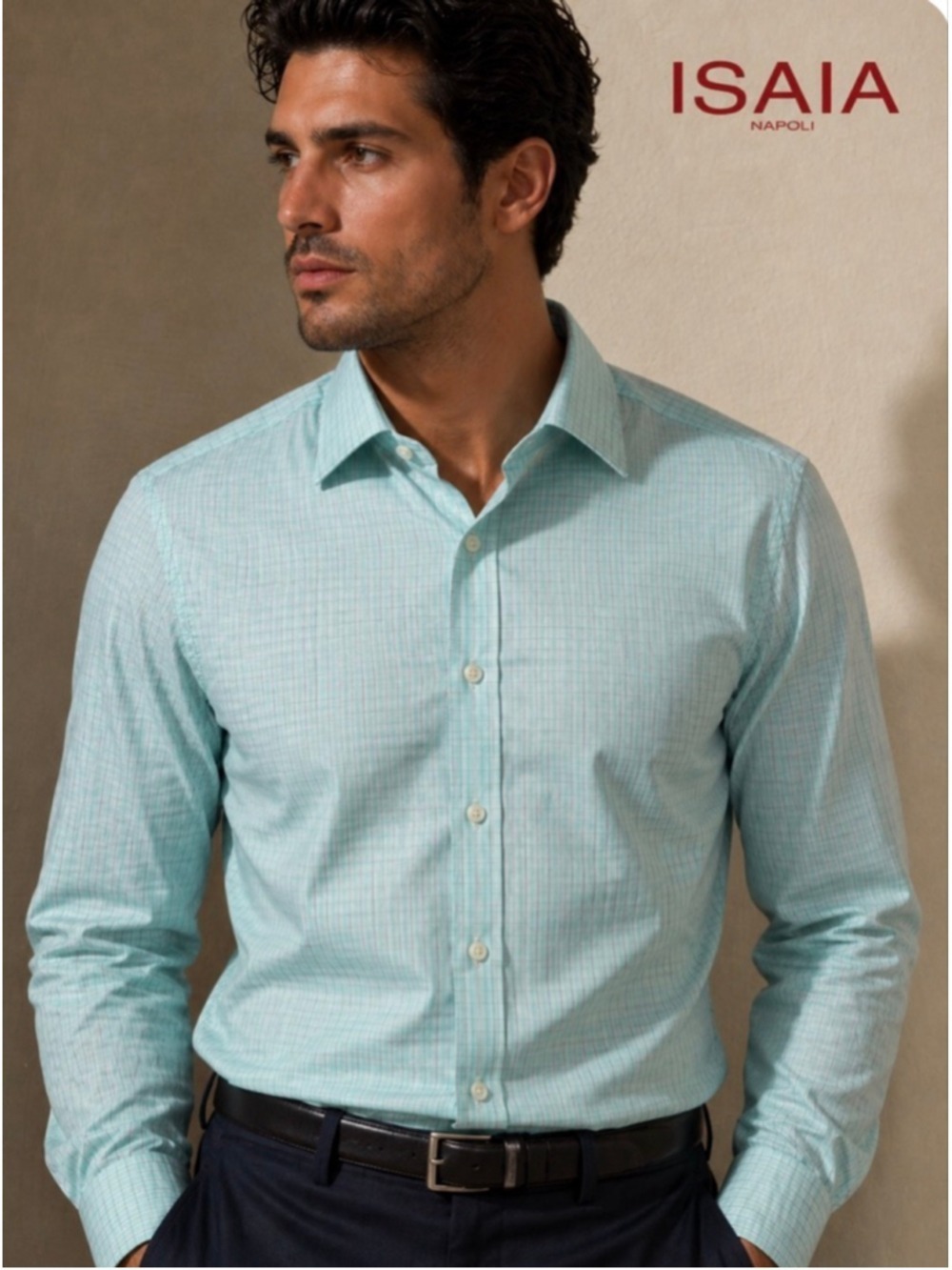 NWT Men's ISAIA Light Blue & White Plaid Dress Shirt Neck 16.5/42